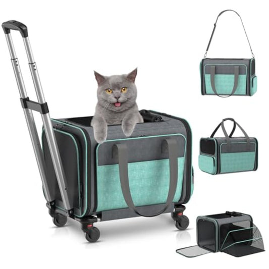 Airline Approved TSA-Approved Under-Seat with Wheels - Expandable Rolling Carrier Suitable for Small Dogs & Cats Under 20lbs, In-Flight Travel Crate with Bed, Leash & Mesh, Airplane Transport Bag