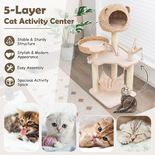 Indoor Cat Tree with Plush Hammock, Cattail Bed, Scratch Poles, and Fur Ball Toys – Multi-Level Activity Furniture for Cats and Kittens