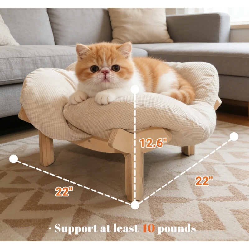 High-quality Elevated Cat Bed | Wooden with Cushion, Plush Pet Sofa, Indoor Raised Cat Lounge Chair Suitable for Small Dogs and Cats, Detachable, Polyester Fiber Fill