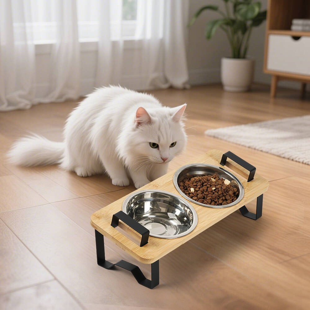 Cat High Platform Bowl Stand | Small Pet Stainless Steel Bowl Holder for Cats, Made of Bamboo and Stainless Steel