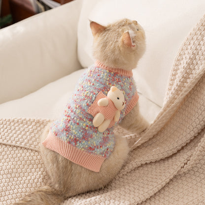 Autumn and Winter New Three-dimensional Teddy Bear Pet Clothes, Cute Two Legged Knitted Sweater for Cats, German No Fur Cat Adaptation, Soft and Light Beige Friendly Knitted Material, Strong Warmth Retention, No Restrictions on Pet Activities