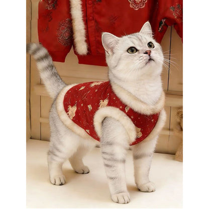 2026 New Chinese New Year Fleece Warm Vest for Dogs and Cats | New Chinese Style Festive Greeting Tang Suit, Knit Polyester, Suitable for Small and Medium Dogs