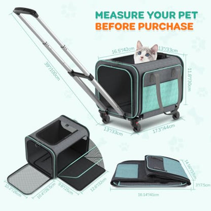 Airline Approved TSA-Approved Under-Seat with Wheels - Expandable Rolling Carrier Suitable for Small Dogs & Cats Under 20lbs, In-Flight Travel Crate with Bed, Leash & Mesh, Airplane Transport Bag