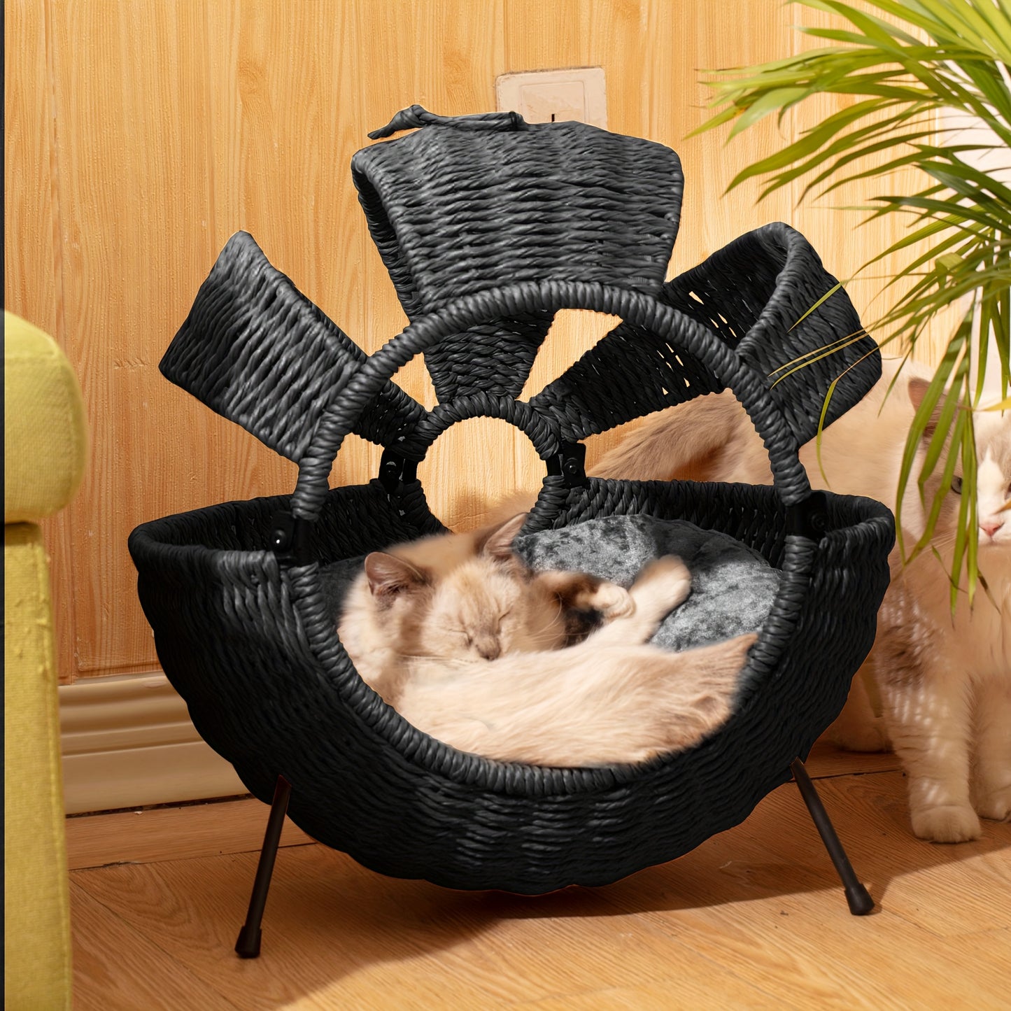 Cat Beds For Indoor Cats-Large Cat Cave For Pet Cat-Rattan Cat House With Cushion, Spherical Indoor Outdoor Cat House, Large Translucent Cat House With Cushion, 20.5X20.5X14inches