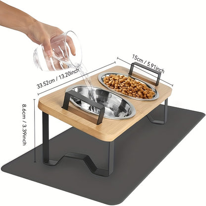 Cat High Platform Bowl Stand | Small Pet Stainless Steel Bowl Holder for Cats, Made of Bamboo and Stainless Steel