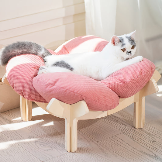 High-quality Elevated Cat Bed | Wooden with Cushion, Plush Pet Sofa, Indoor Raised Cat Lounge Chair Suitable for Small Dogs and Cats, Detachable, Polyester Fiber Fill
