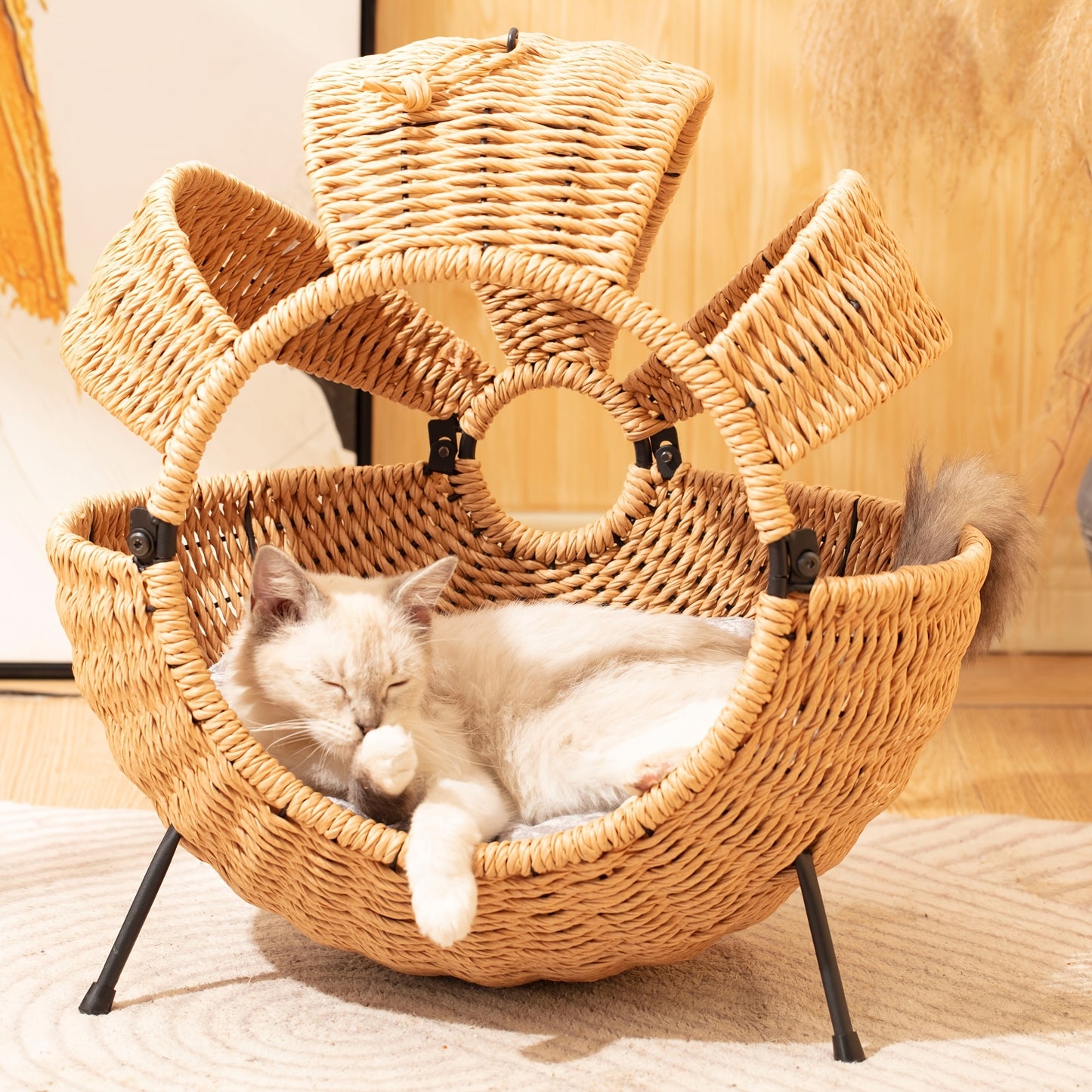 Cat Beds For Indoor Cats-Large Cat Cave For Pet Cat-Rattan Cat House With Cushion, Spherical Indoor Outdoor Cat House, Large Translucent Cat House With Cushion, 20.5X20.5X14inches
