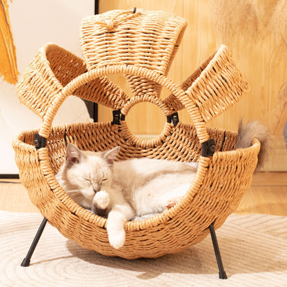 Cat Beds For Indoor Cats-Large Cat Cave For Pet Cat-Rattan Cat House With Cushion, Spherical Indoor Outdoor Cat House, Large Translucent Cat House With Cushion, 20.5X20.5X14inches