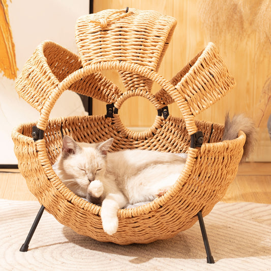 Cat Beds For Indoor Cats-Large Cat Cave For Pet Cat-Rattan Cat House With Cushion, Spherical Indoor Outdoor Cat House, Large Translucent Cat House With Cushion, 20.5X20.5X14inches