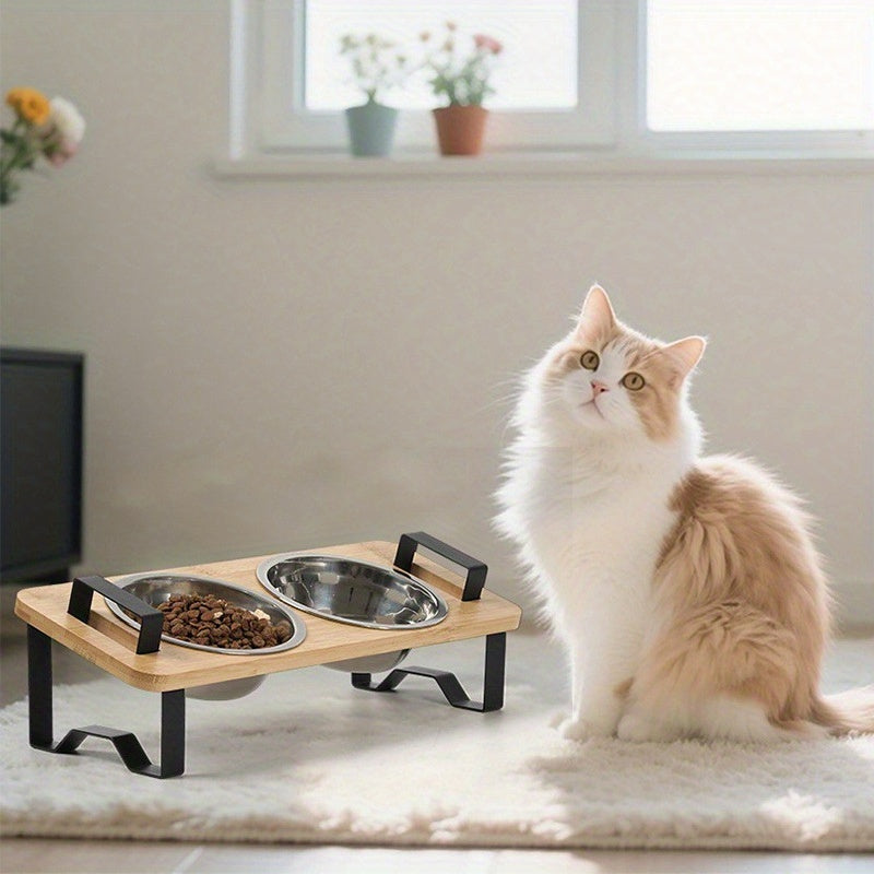 Cat High Platform Bowl Stand | Small Pet Stainless Steel Bowl Holder for Cats, Made of Bamboo and Stainless Steel