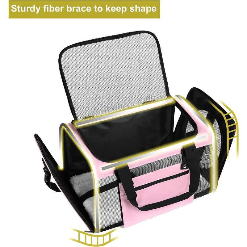 Airline Approved Collapsible Soft Pet Carrier - Three-Sided Entrance Travel Cat Carrier for Small Dogs, Puppy, Large Medium Small Cats - Pink