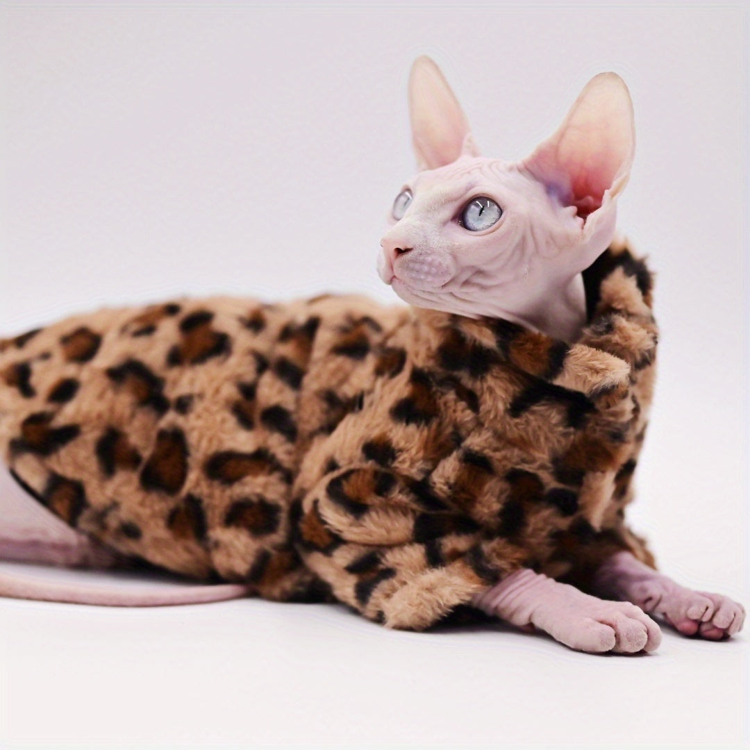 Leopard Print Plush Coat, Double-Layer Thickened Warm, Suitable for Sphynx Cats, German Cats, Abyssinian Cats, and Kittens