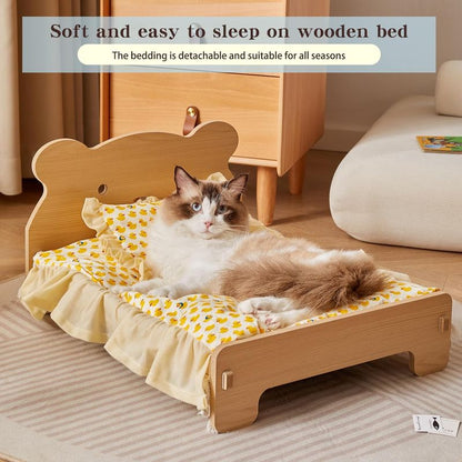 Large Elevated Wooden Cat Bed for Indoor Cats with Removable Mattress - Off-Ground Pet Bed for Dogs, Rabbits, Guinea Pigs, Hamsters & Chinchillas - Easy Assemble, Heavy-Duty Wood Frame, Washable Summer Cool & Winter Warm Bedding