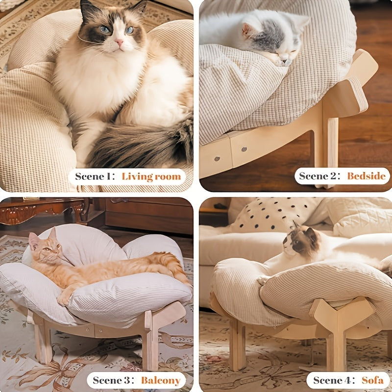 High-quality Elevated Cat Bed | Wooden with Cushion, Plush Pet Sofa, Indoor Raised Cat Lounge Chair Suitable for Small Dogs and Cats, Detachable, Polyester Fiber Fill