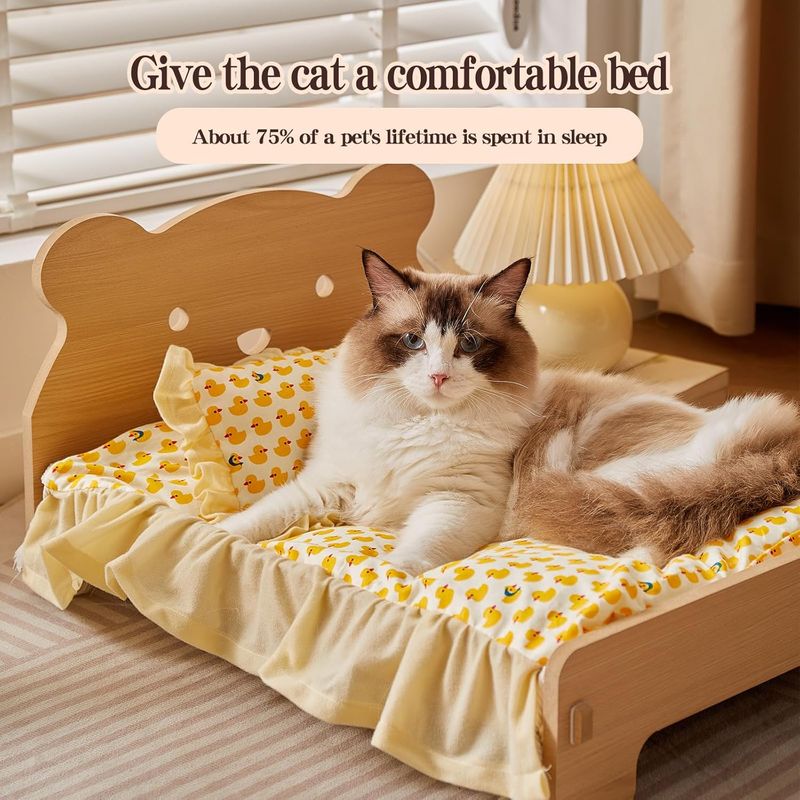 Large Elevated Wooden Cat Bed for Indoor Cats with Removable Mattress - Off-Ground Pet Bed for Dogs, Rabbits, Guinea Pigs, Hamsters & Chinchillas - Easy Assemble, Heavy-Duty Wood Frame, Washable Summer Cool & Winter Warm Bedding