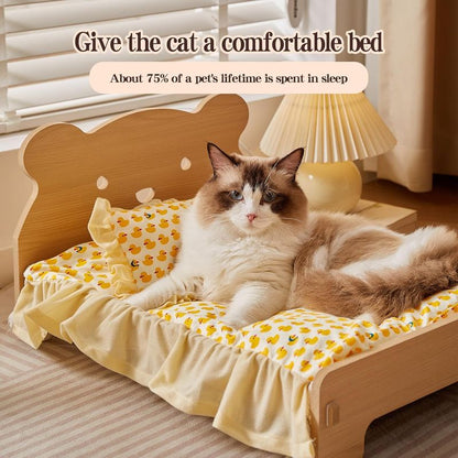 Large Elevated Wooden Cat Bed for Indoor Cats with Removable Mattress - Off-Ground Pet Bed for Dogs, Rabbits, Guinea Pigs, Hamsters & Chinchillas - Easy Assemble, Heavy-Duty Wood Frame, Washable Summer Cool & Winter Warm Bedding