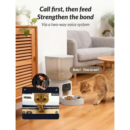 Smart Pet Feeder with Camera, 5-Liter Automatic Dispenser, Audio Communication & Remote Control App, Dehumidifying Bag, Automatic Food Dispenser for Cats and Dogs