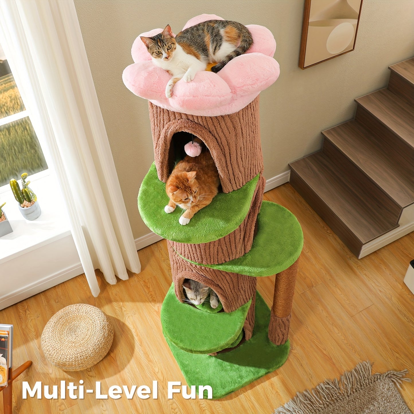 68.5” Tall Multi-Cat Tree with 4-Level Forest Trunk, Heavy-Duty Sisal Scratching Posts, Plush Condos & Flower Bed - Weighted Base Cat Tower for Large Indoor Cats - Suitable for Multi-Cat Households