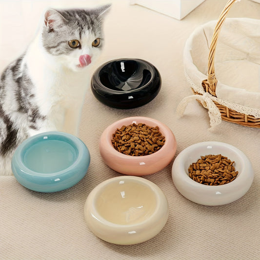 Ceramic Cat Bowl - Anti-Tip Spill-Proof Donut Pet Food & Water Dish with Rounded Edges, Durable Easy-Clean Glossy & Pastel Colors, Pet Feeding Bowl