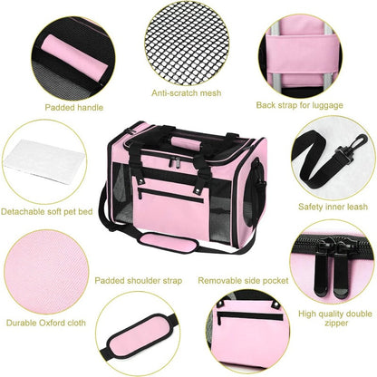Airline Approved Collapsible Soft Pet Carrier - Three-Sided Entrance Travel Cat Carrier for Small Dogs, Puppy, Large Medium Small Cats - Pink