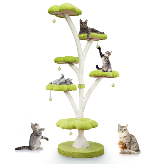 71 Inch Tall Cat Tree, Flower Shape Scratching Post, Cat Scratcher, Cat Furniture for Indoor Cats, Kittens Pet House, Cat Bed with Hang Ball, Plush Cat Tower for Large And  Cats