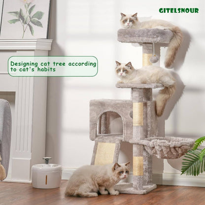 Multi-Level Cat Tree Tower with Scratching Posts & Board, 2 Perches, Hammock & Hanging Balls - Sturdy Indoor Cat Condo with Soft Cushioned Platforms, Space-Saving Design for Kittens & Cats, Light Gray - No Assembly Required, Durable Modern Cat Furni
