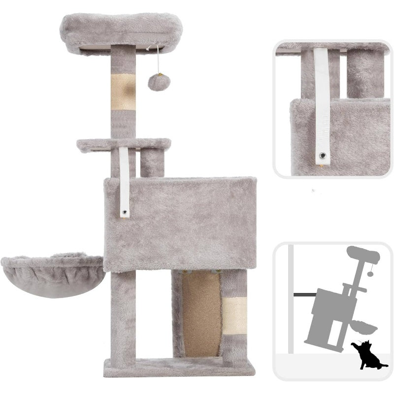 Multi-Level Cat Tree Tower with Scratching Posts & Board, 2 Perches, Hammock & Hanging Balls - Sturdy Indoor Cat Condo with Soft Cushioned Platforms, Space-Saving Design for Kittens & Cats, Light Gray - No Assembly Required, Durable Modern Cat Furni