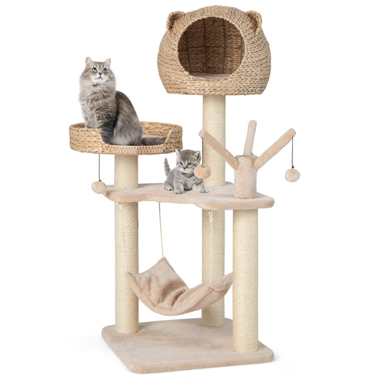 Indoor Cat Tree with Plush Hammock, Cattail Bed, Scratch Poles, and Fur Ball Toys – Multi-Level Activity Furniture for Cats and Kittens