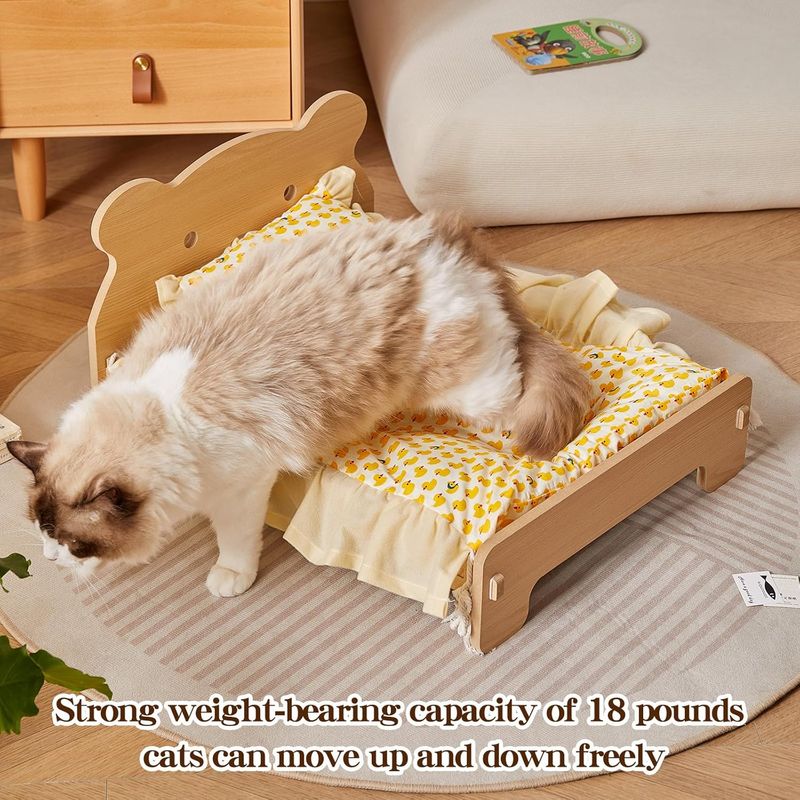 Large Elevated Wooden Cat Bed for Indoor Cats with Removable Mattress - Off-Ground Pet Bed for Dogs, Rabbits, Guinea Pigs, Hamsters & Chinchillas - Easy Assemble, Heavy-Duty Wood Frame, Washable Summer Cool & Winter Warm Bedding