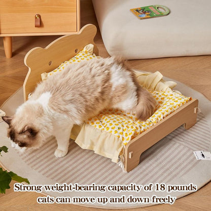 Large Elevated Wooden Cat Bed for Indoor Cats with Removable Mattress - Off-Ground Pet Bed for Dogs, Rabbits, Guinea Pigs, Hamsters & Chinchillas - Easy Assemble, Heavy-Duty Wood Frame, Washable Summer Cool & Winter Warm Bedding