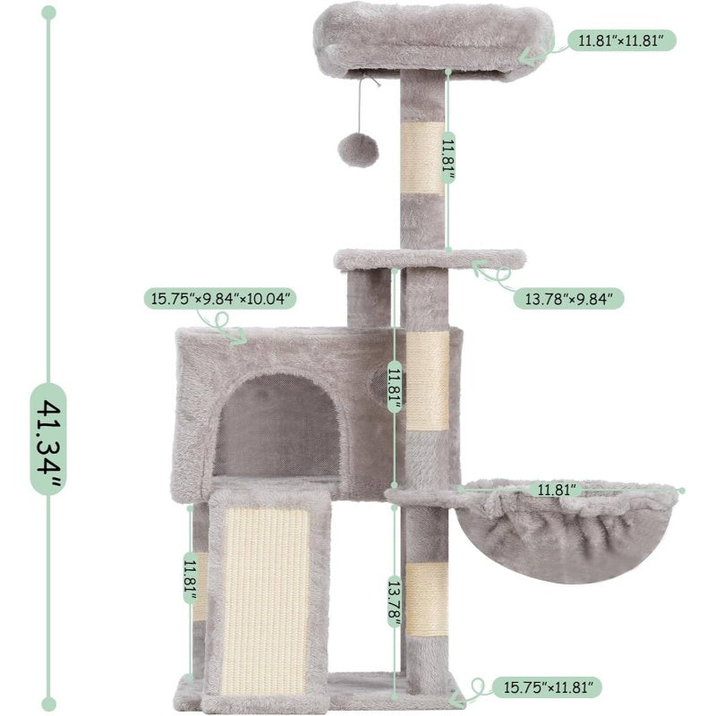 Multi-Level Cat Tree Tower with Scratching Posts & Board, 2 Perches, Hammock & Hanging Balls - Sturdy Indoor Cat Condo with Soft Cushioned Platforms, Space-Saving Design for Kittens & Cats, Light Gray - No Assembly Required, Durable Modern Cat Furni