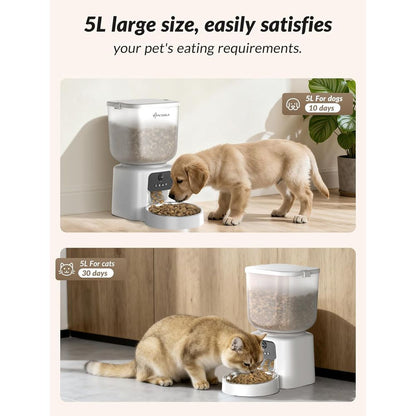 Smart Pet Feeder with Camera, 5-Liter Automatic Dispenser, Audio Communication & Remote Control App, Dehumidifying Bag, Automatic Food Dispenser for Cats and Dogs