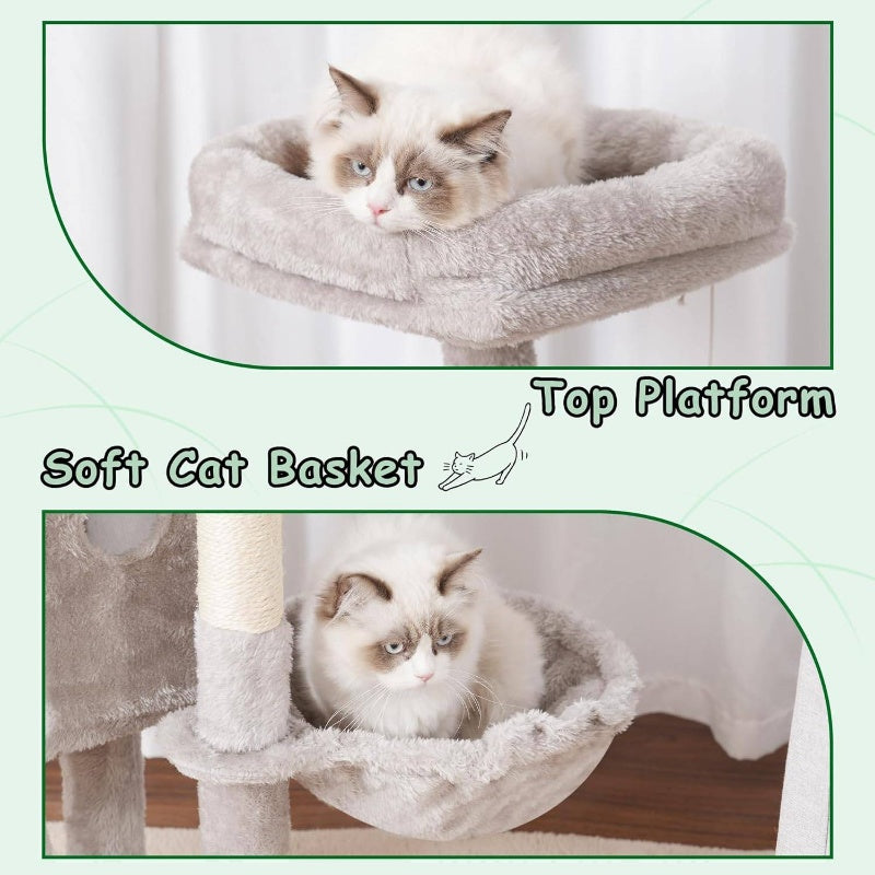 Multi-Level Cat Tree Tower with Scratching Posts & Board, 2 Perches, Hammock & Hanging Balls - Sturdy Indoor Cat Condo with Soft Cushioned Platforms, Space-Saving Design for Kittens & Cats, Light Gray - No Assembly Required, Durable Modern Cat Furni