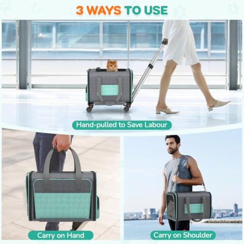 Airline Approved TSA-Approved Under-Seat with Wheels - Expandable Rolling Carrier Suitable for Small Dogs & Cats Under 20lbs, In-Flight Travel Crate with Bed, Leash & Mesh, Airplane Transport Bag