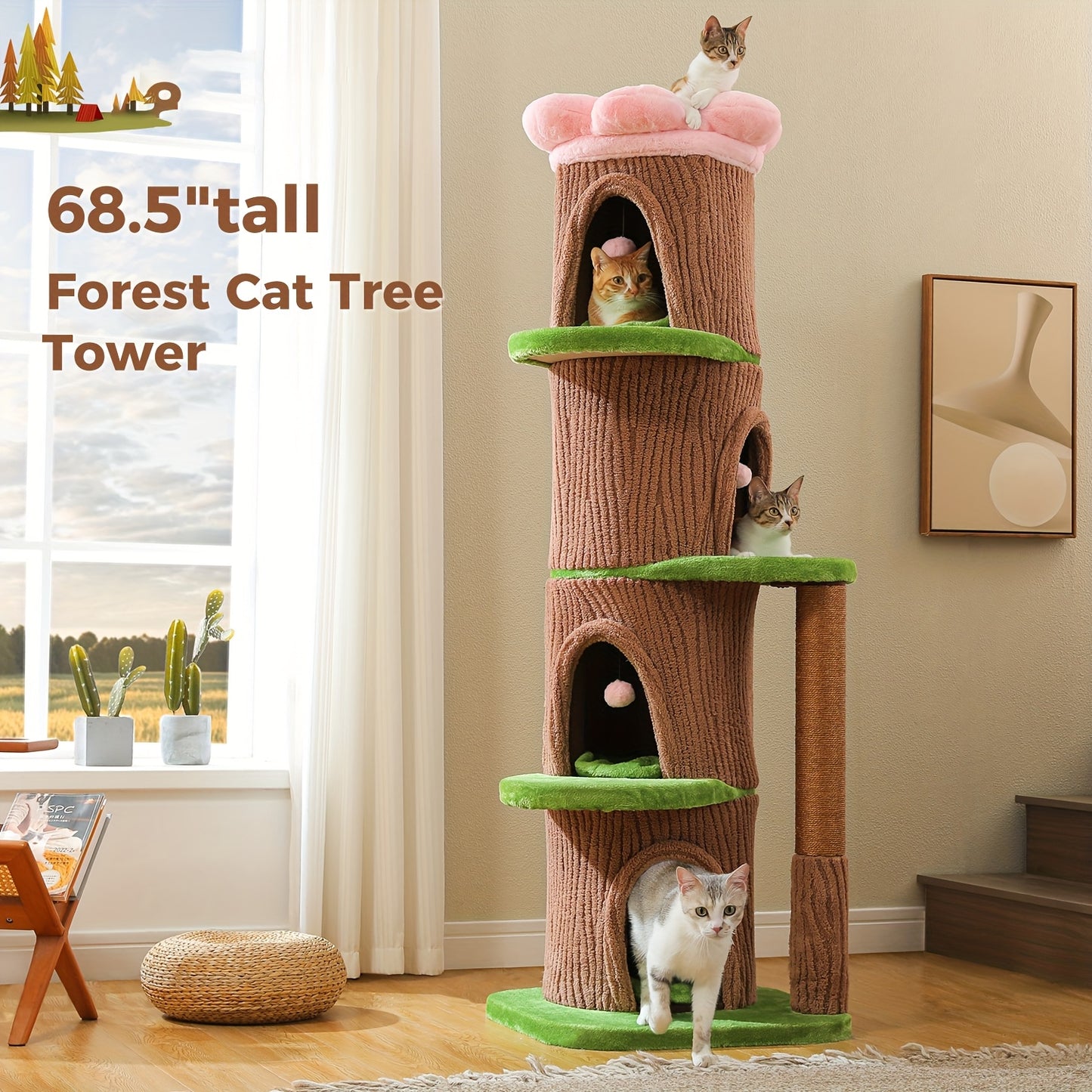 68.5” Tall Multi-Cat Tree with 4-Level Forest Trunk, Heavy-Duty Sisal Scratching Posts, Plush Condos & Flower Bed - Weighted Base Cat Tower for Large Indoor Cats - Suitable for Multi-Cat Households