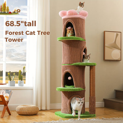 68.5” Tall Multi-Cat Tree with 4-Level Forest Trunk, Heavy-Duty Sisal Scratching Posts, Plush Condos & Flower Bed - Weighted Base Cat Tower for Large Indoor Cats - Suitable for Multi-Cat Households