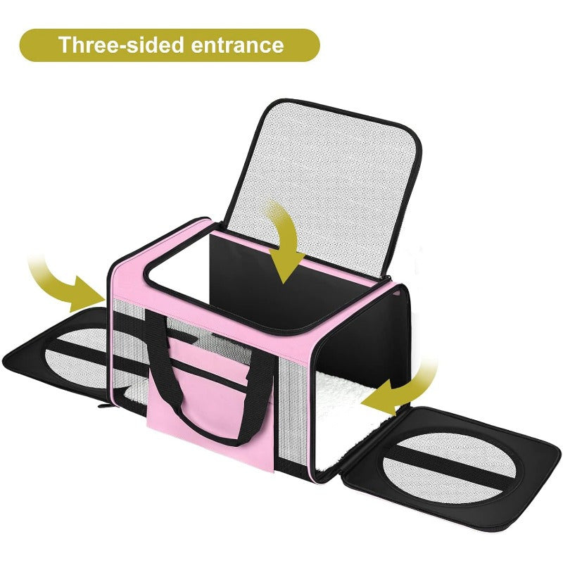 Airline Approved Collapsible Soft Pet Carrier - Three-Sided Entrance Travel Cat Carrier for Small Dogs, Puppy, Large Medium Small Cats - Pink