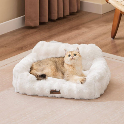Orthopedic Cat Sofa Bed with Supportive Foam Cushion - Plush Faux Fur Removable Washable Cover & Non-Slip Bottom, Ivory White Indoor Cat Bed with Soft Cushioned Support, Durable Pet Sofa for Senior Cats & Small Dogs, Easy-Clean Modern Design for Hom