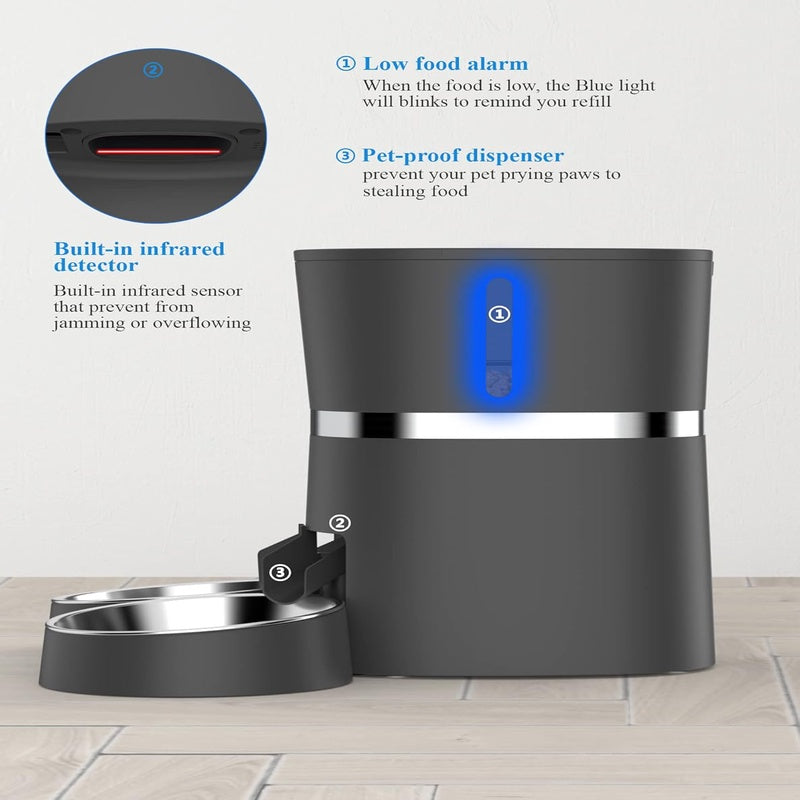Automatic Cat Feeder, Pet Feeder Food Dispenser for Cat Small Dog with Two - Way Splitter and Double Bowls, up to 6 Meals with Portion Control, Voice Recorder - Battery and Plug - in Power