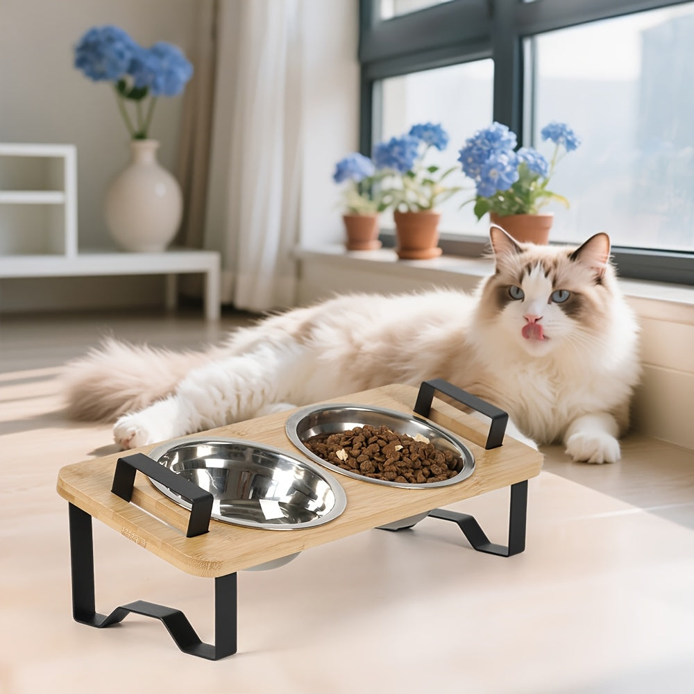 Cat High Platform Bowl Stand | Small Pet Stainless Steel Bowl Holder for Cats, Made of Bamboo and Stainless Steel