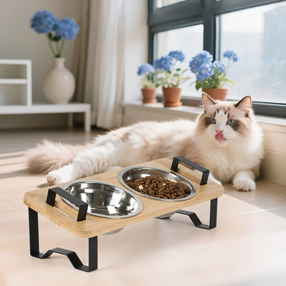 Cat High Platform Bowl Stand | Small Pet Stainless Steel Bowl Holder for Cats, Made of Bamboo and Stainless Steel
