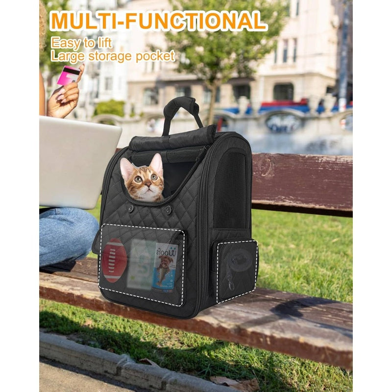 Expandable Pet Backpack For Large Cats And Small Dogs | Up To 15 Lbs Capacity, Foldable, Travel And Hiking Compatible, Black Tpu Material