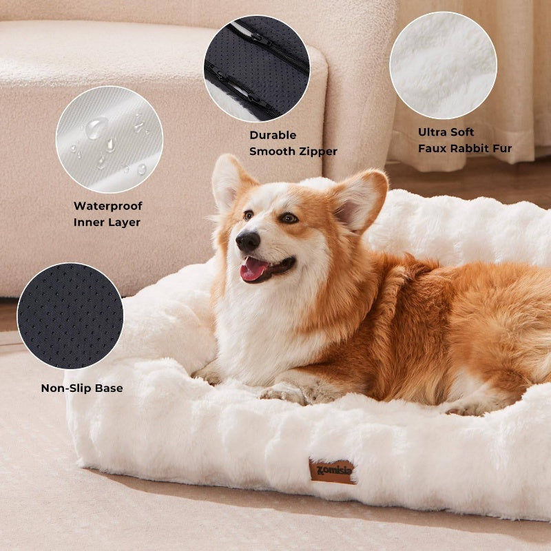 Orthopedic Cat Sofa Bed with Supportive Foam Cushion - Plush Faux Fur Removable Washable Cover & Non-Slip Bottom, Ivory White Indoor Cat Bed with Soft Cushioned Support, Durable Pet Sofa for Senior Cats & Small Dogs, Easy-Clean Modern Design for Hom