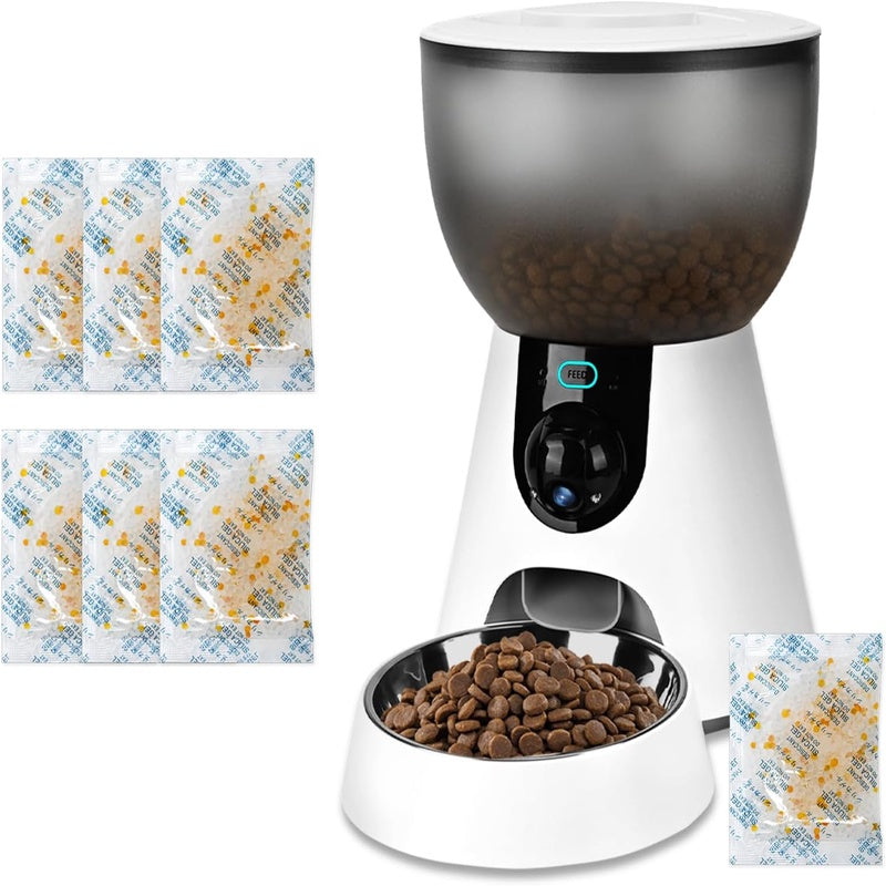 Lychee Automatic Cat Feeder with Camera, 5G WiFi Pet Feeder with 6 Pack Pet Food Desiccant Bag, 1304P HD Video with Night Vision